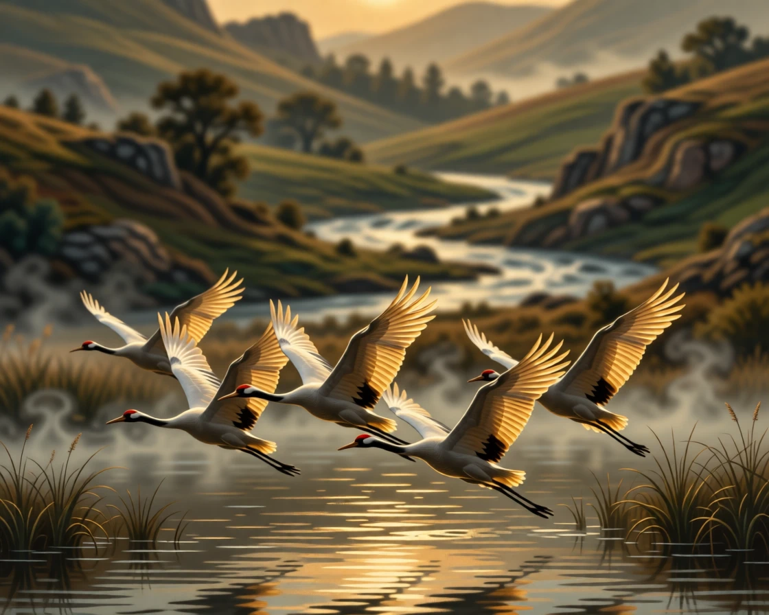 A flock of cranes taking flight from a mist-covered wetland at sunrise as the golden light of dawn or dusk catches every detail, set beside a rushing river cutting through ancient hills, with feathers, fur, or manes catching the light in fine, luminous detail; soft depth of field isolates the animal against a dreamlike backdrop, filled with gentle warmth and admiration for living creatures.