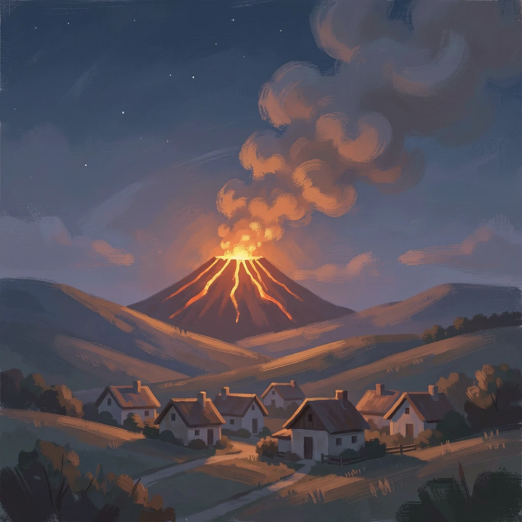 A volcanic eruption glowing orange against a night sky, ash plumes rising above a distant village, capturing a fleeting moment of pure happiness.