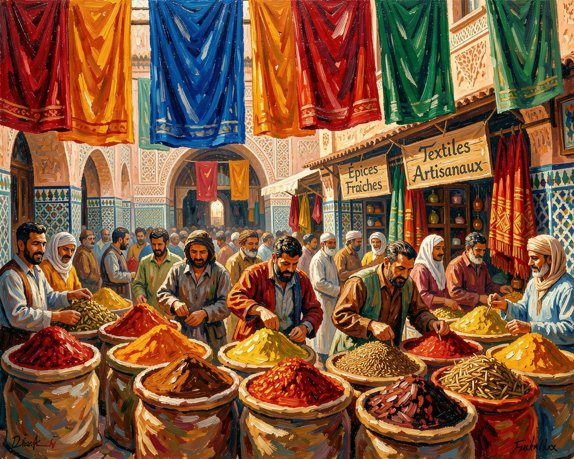 A bustling spice bazaar in Marrakech, brightly dyed textiles hanging overhead.