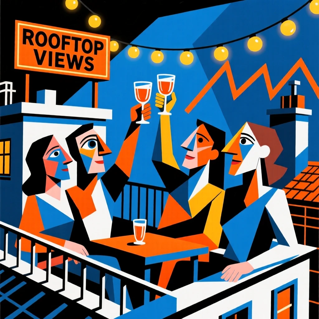Friends toasting with glasses raised high at a rooftop gathering under string lights.