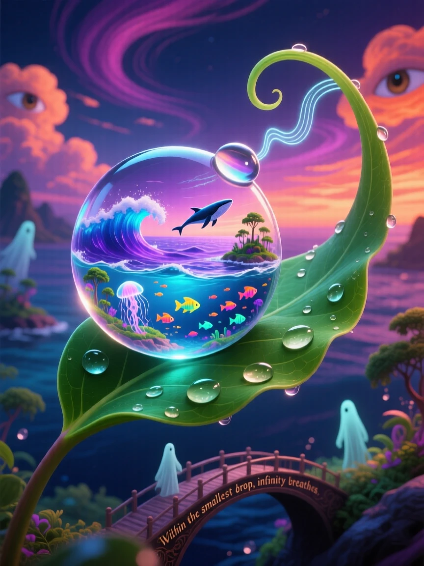 A whole ocean contained within a single dewdrop on a leaf glows faintly from within, unnoticed by the world outside, as a soft hum of unseen life drifts outward.