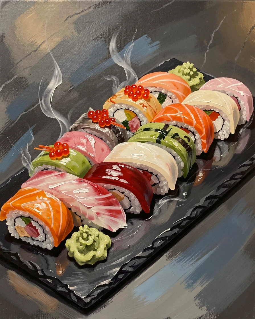 A vibrant sushi platter is arranged artfully on a black slate board, colorful rolls and glistening sashimi catching soft restaurant lighting, steam or condensation visible in small details that suggest the dish was just prepared.