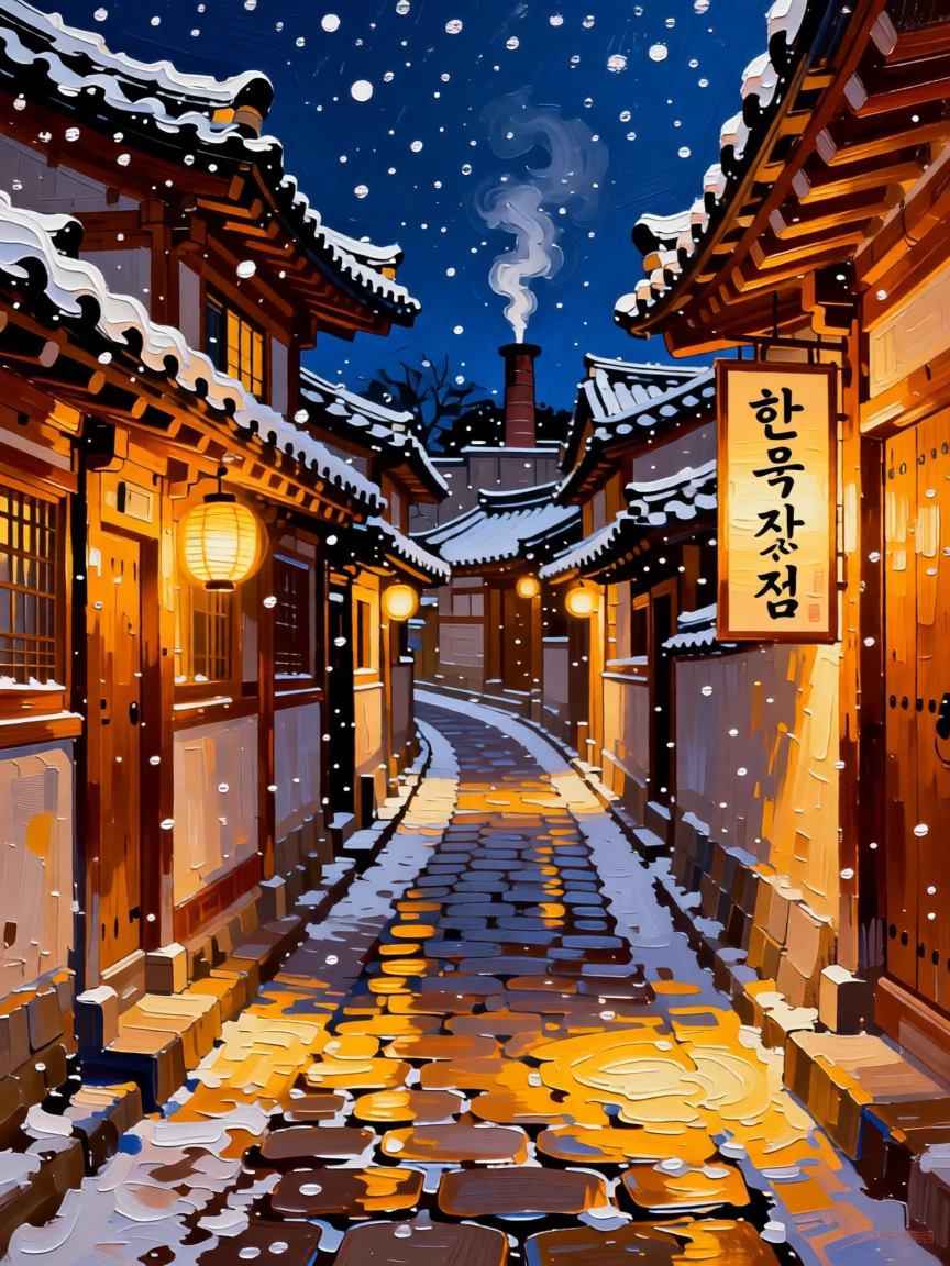 A narrow lantern-lit street in old Seoul during a quiet snowfall