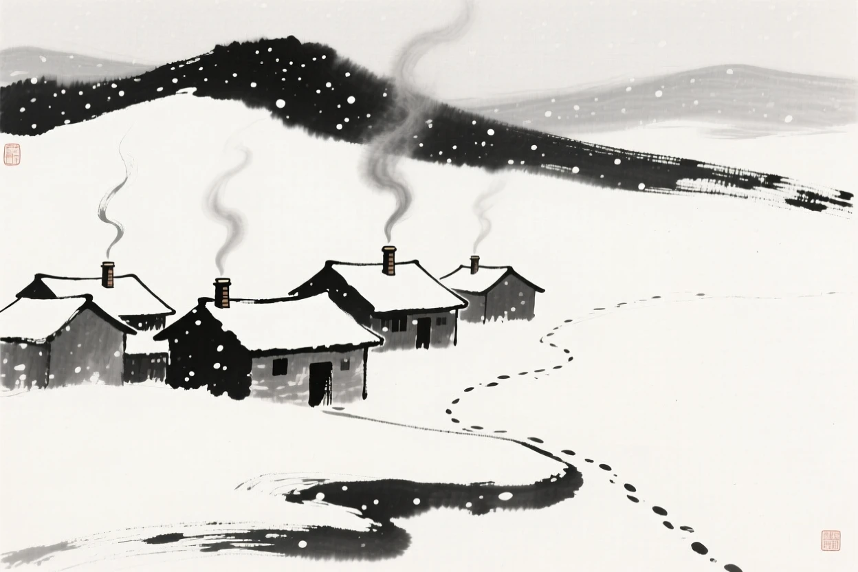Snow blankets a mountain village, smoke rising softly from its chimneys, with footprints trailing off into the falling snow.