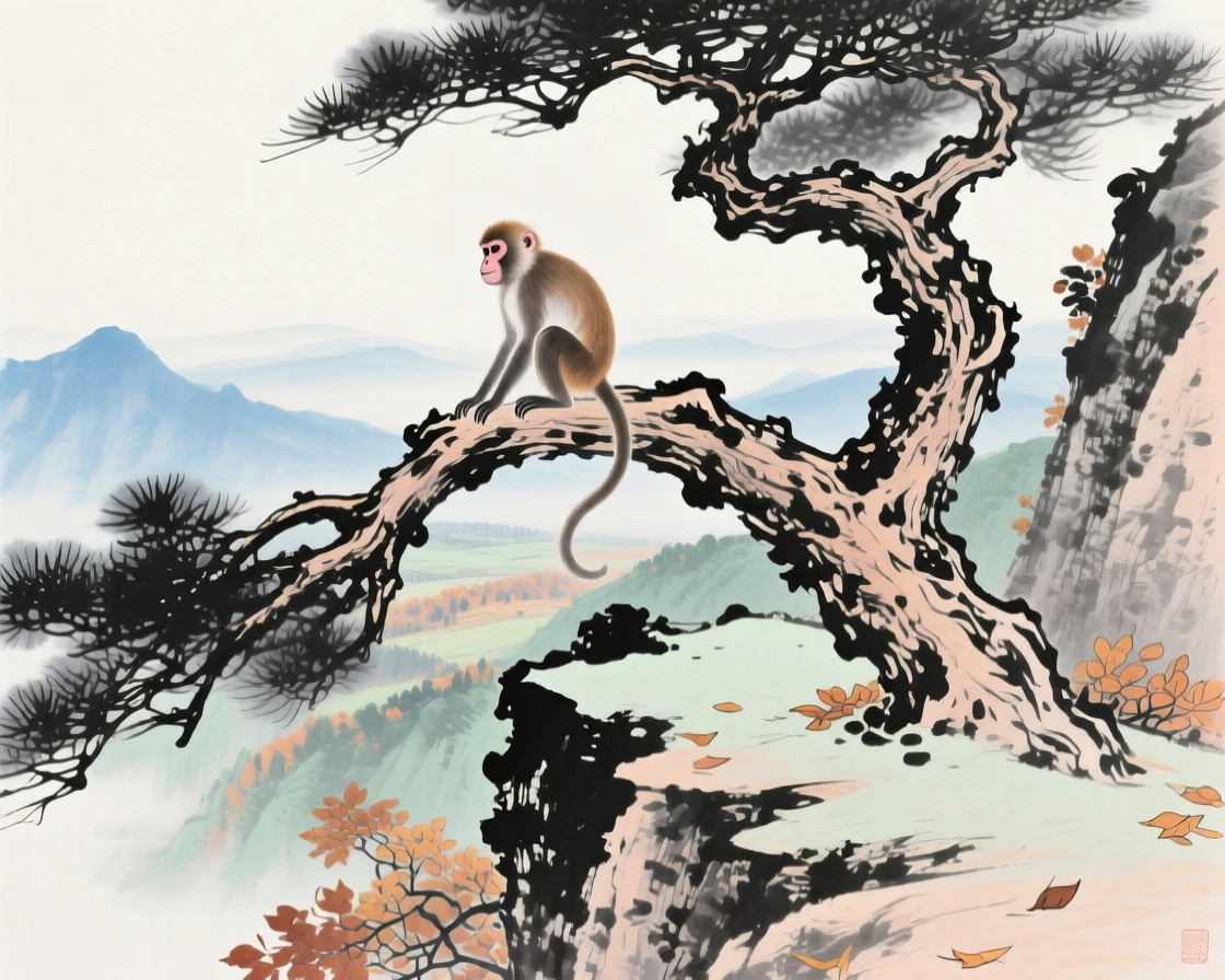 A monkey perched on a cliffside pine watching the valley below, evoking a sense of quiet solitude, in late autumn.
