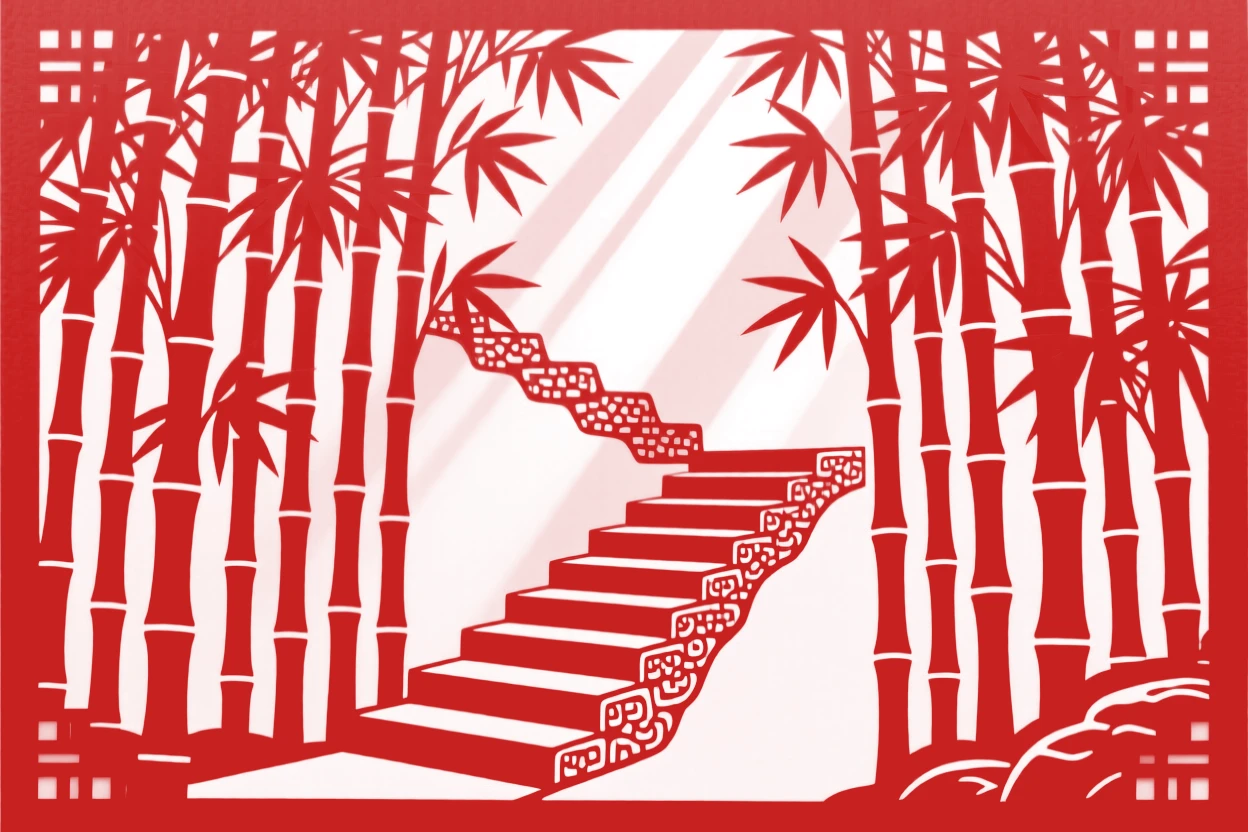 A dense bamboo forest with sunlight streaming in narrow shafts, a winding stone staircase disappearing into the green depths