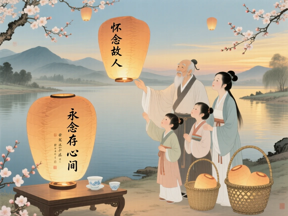 A family releasing lanterns together to celebrate a loved one's memory