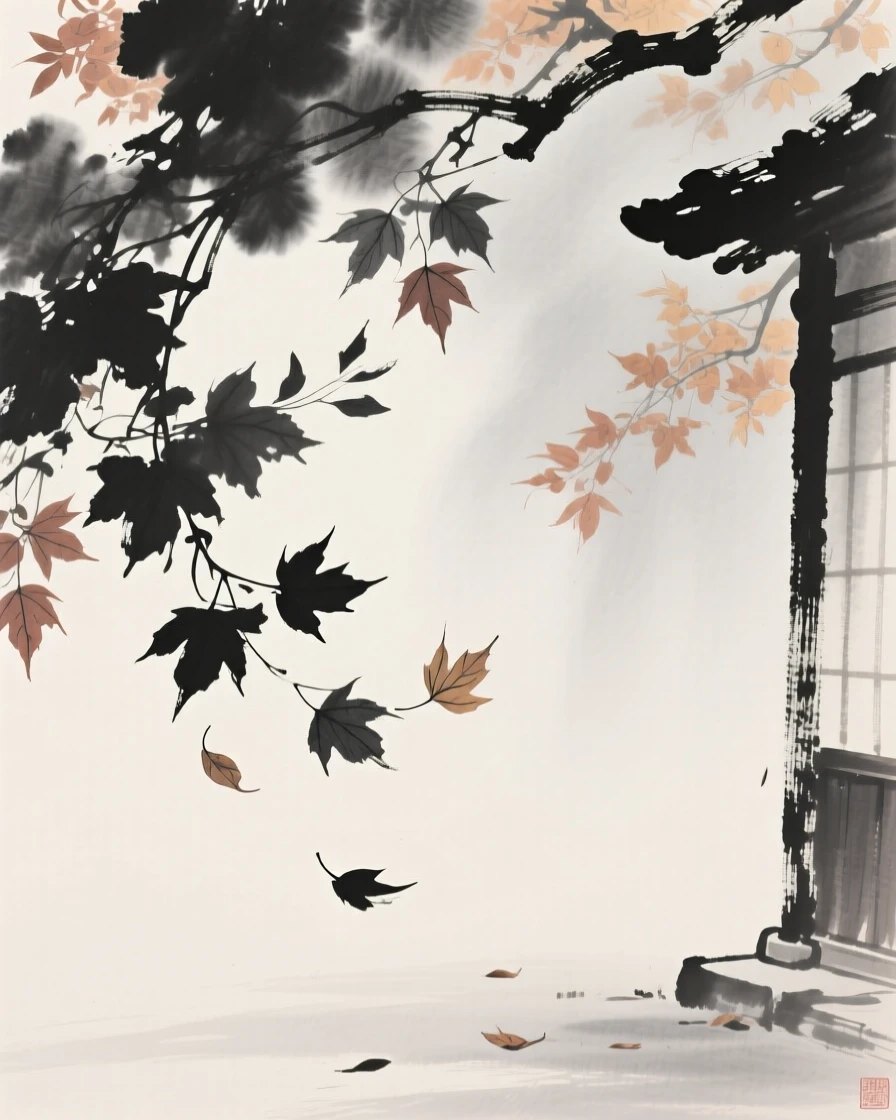 Autumn leaves swirling gently in a courtyard breeze, set against a soft gradient of misty background, conveying gentle stillness and natural harmony.