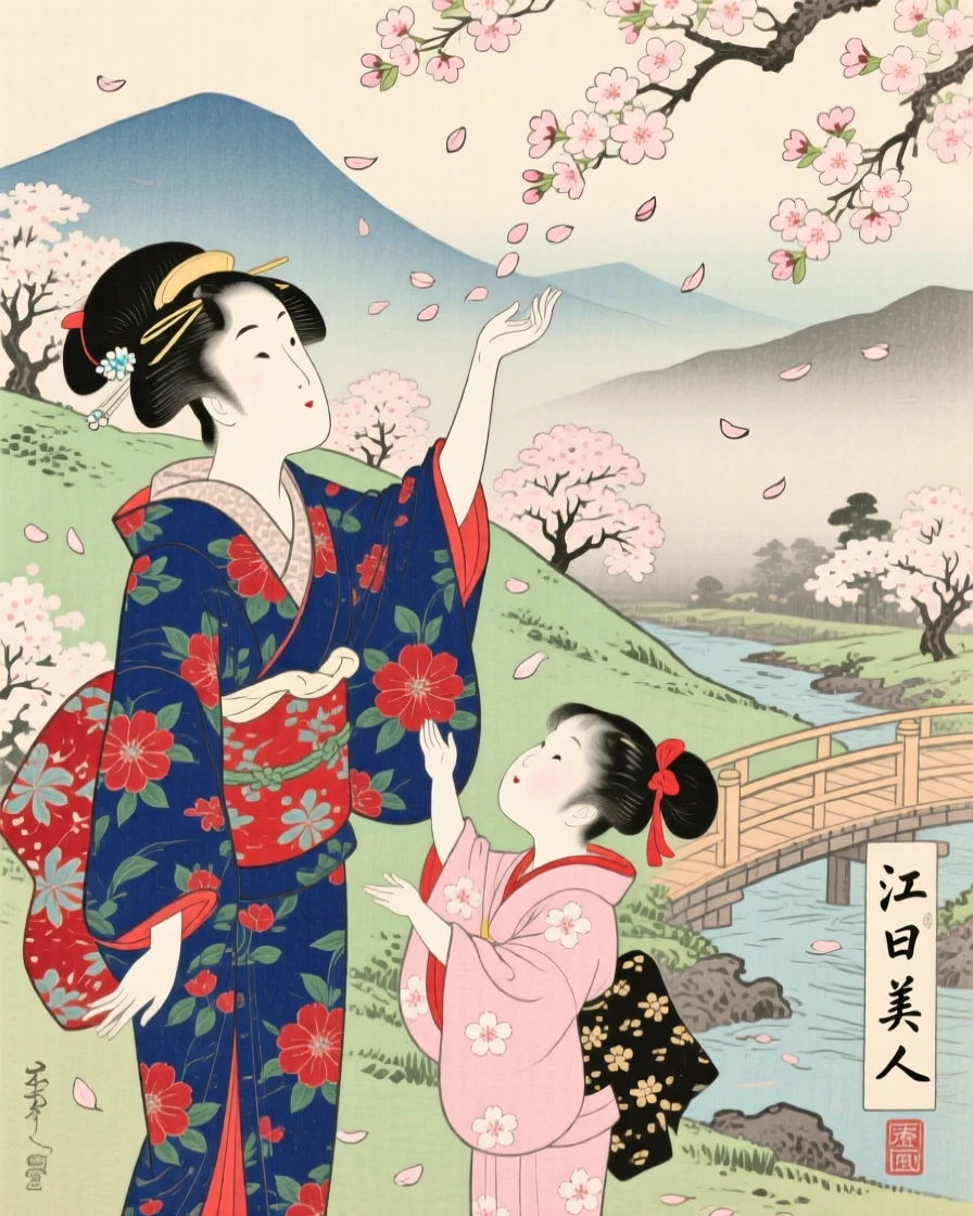 A mother and daughter reaching up to catch falling cherry blossom petals.