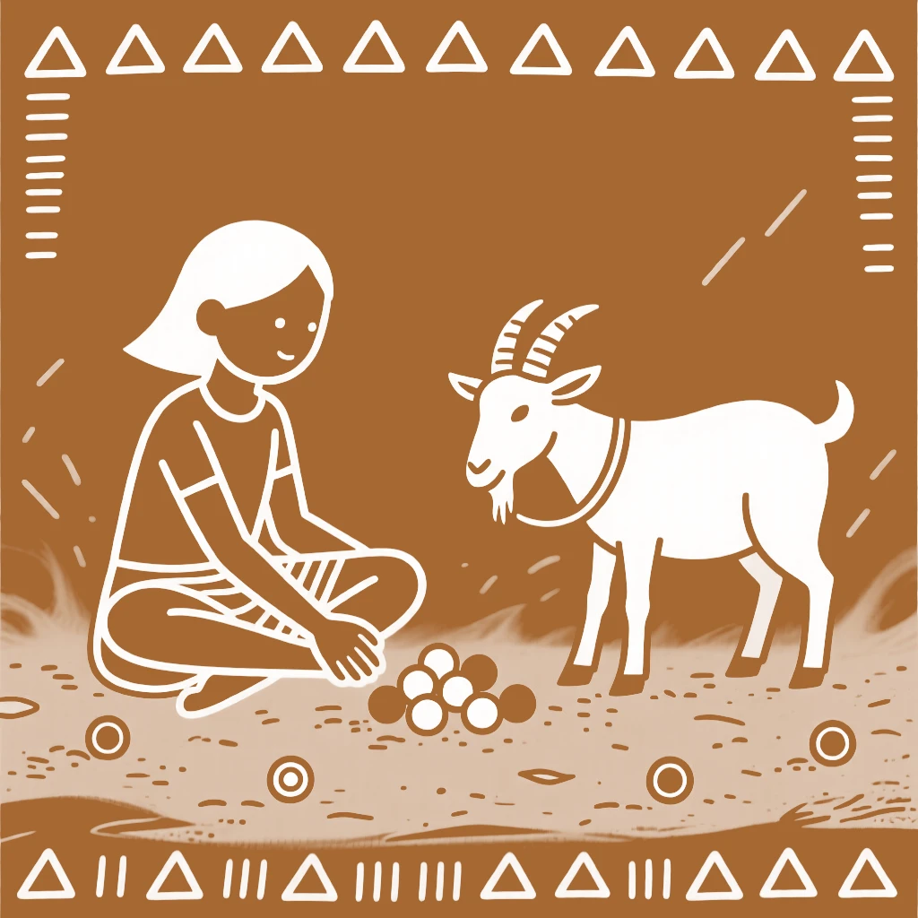 A girl and her pet goat playing marbles in the dust.