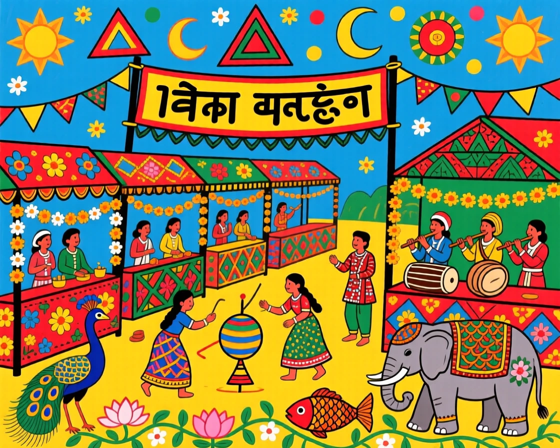 A village fair with games, music, and garlands strung between stalls.