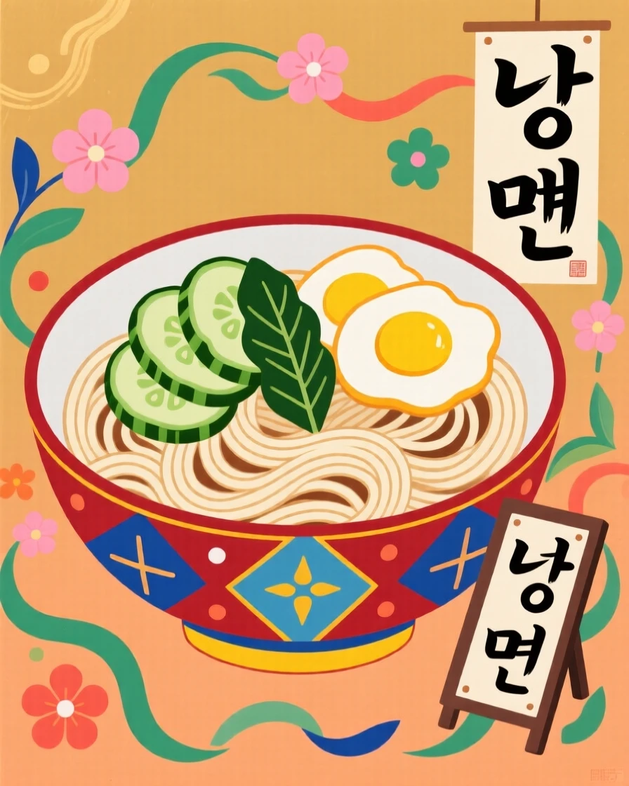 A bowl of chilled noodles topped with sliced cucumber and egg.