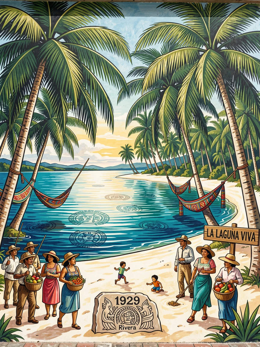 A tropical lagoon surrounded by palm trees and white sand