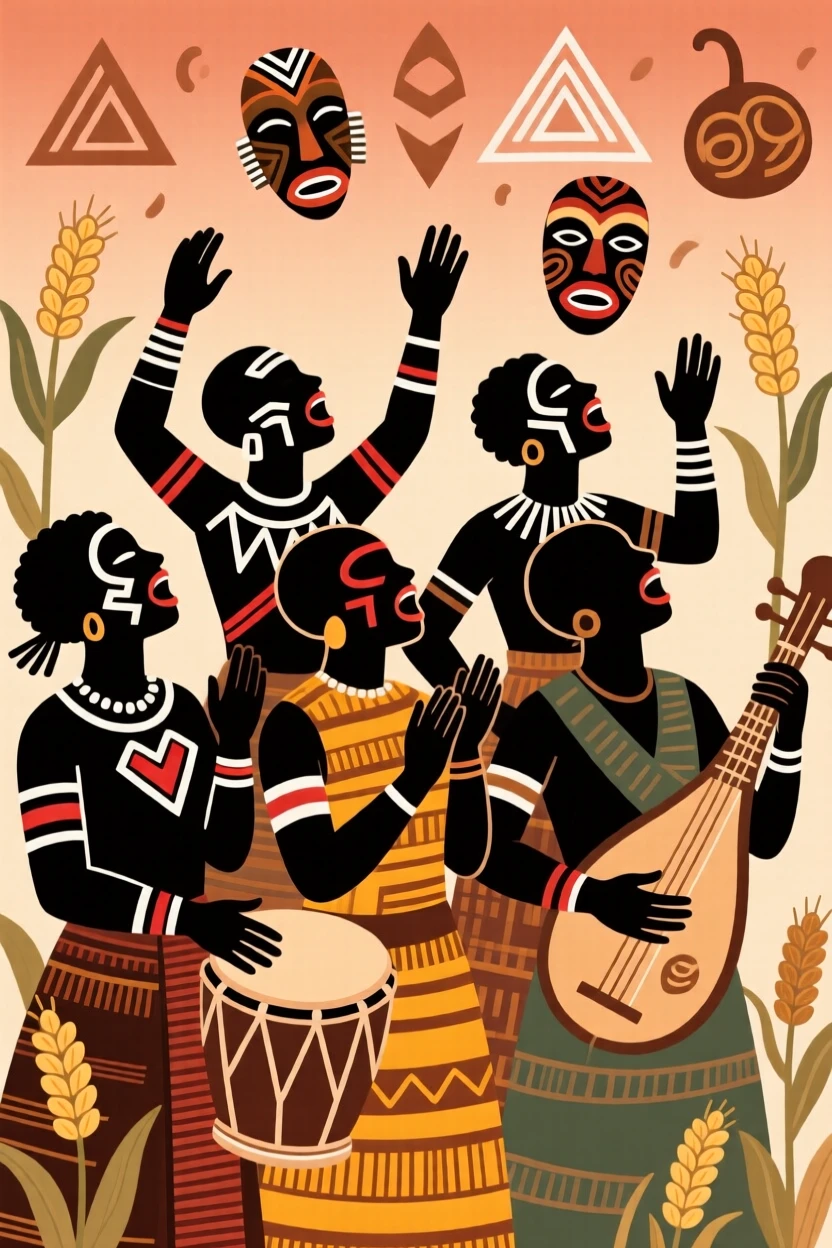 A chorus of voices rising together during a harvest song.