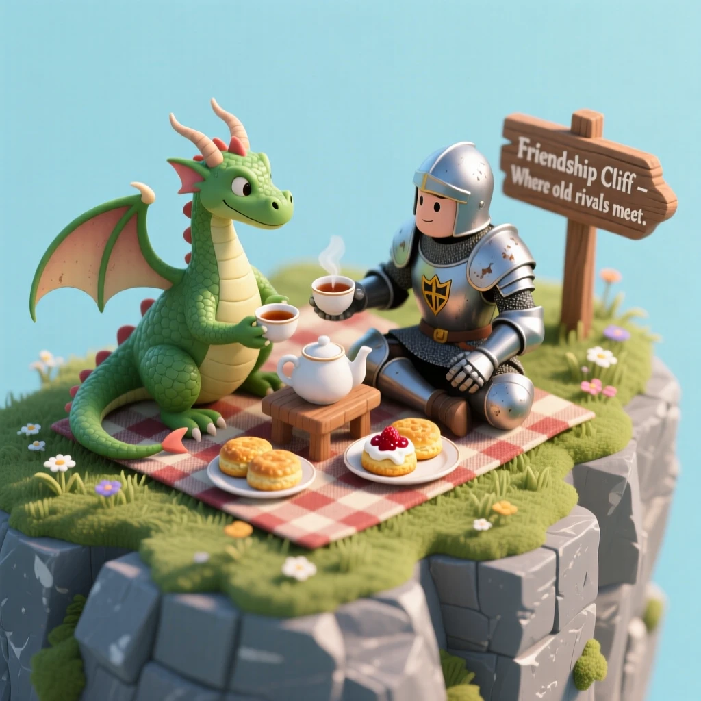 A dragon and a knight sharing a picnic atop a cliffside, their old rivalry forgotten over tea and scones.