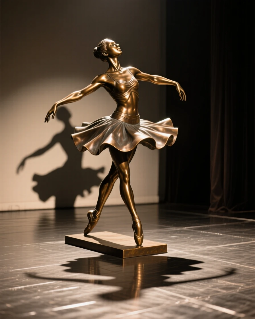 A dancer's shadow cast dramatically across a stage floor, with a serene, contemplative gaze, forming a strong central focal point