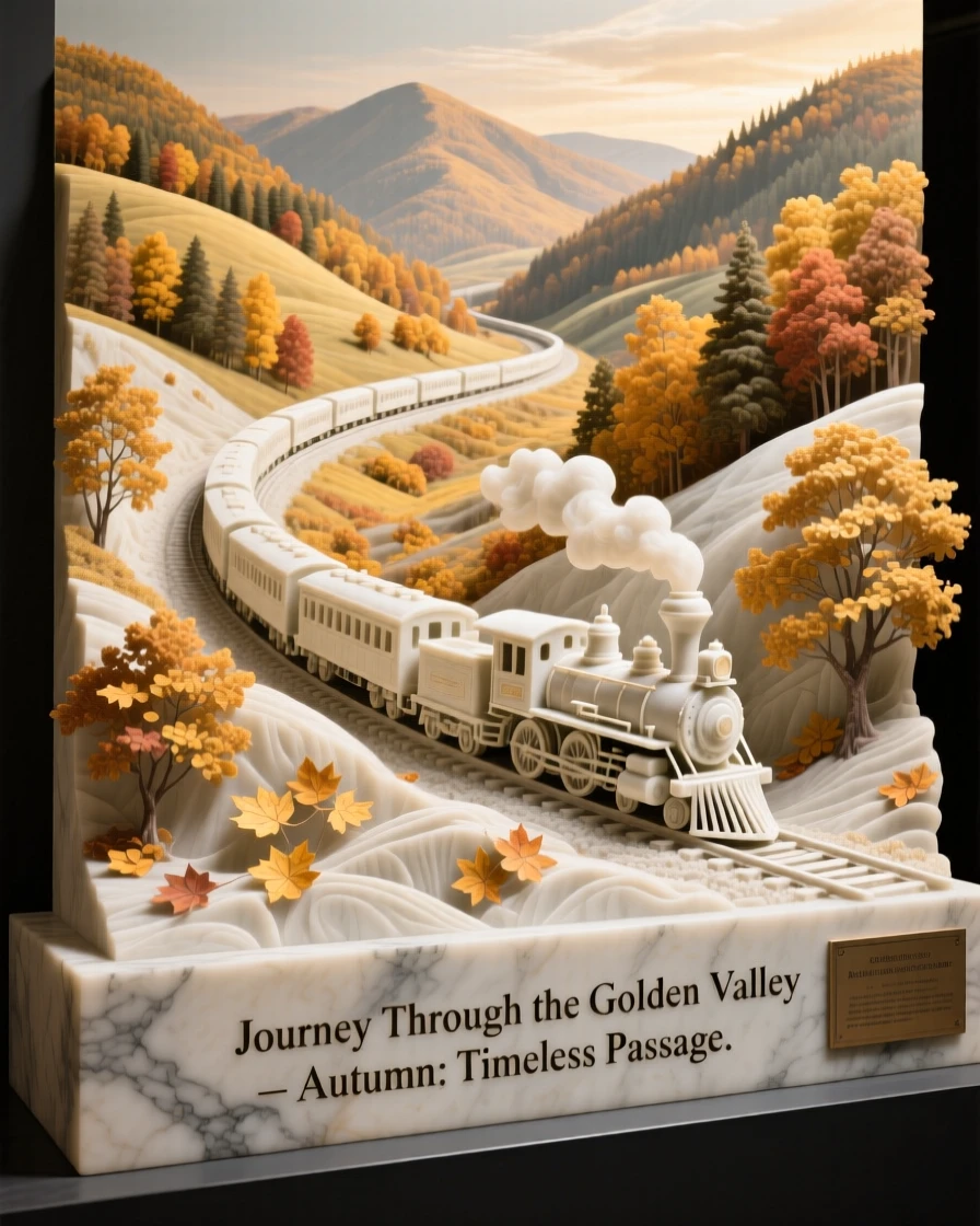 A beautifully composed image of a train winding through a golden autumn valley, surrounded by soft, glowing light, full of atmosphere and visual storytelling