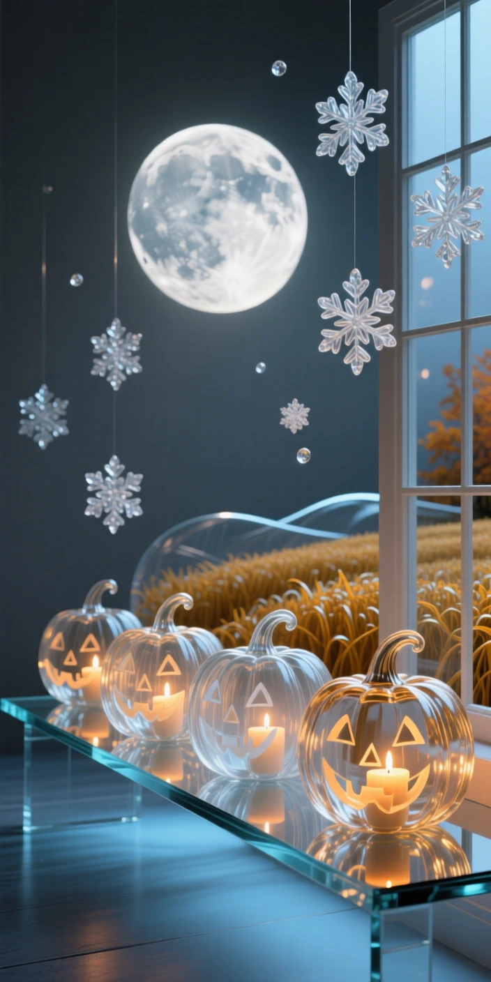 Beneath a harvest moon rising over the fields, a row of carved pumpkins glowing on a porch at dusk, while snowflakes drift slowly past the window