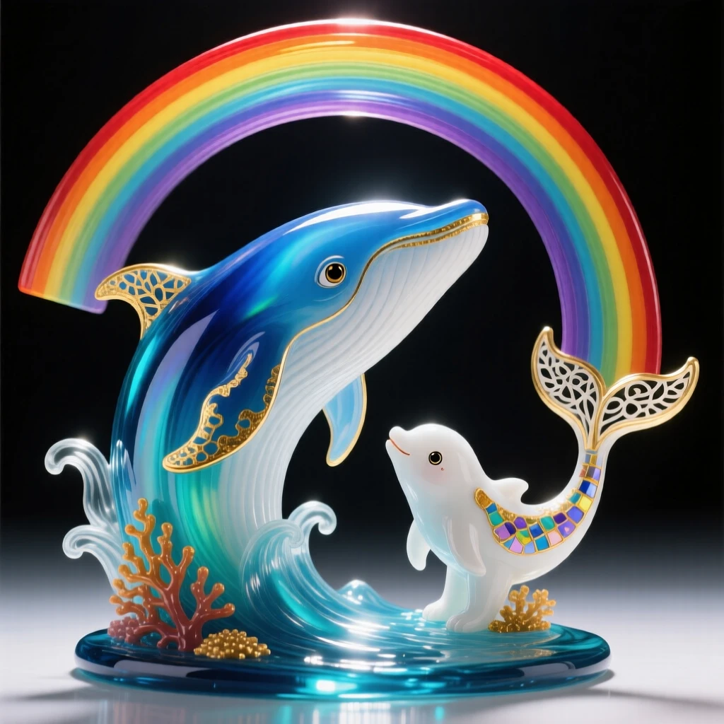 A mother whale breaching gracefully beside her calf under a rainbow, tender and awe-inspiring.