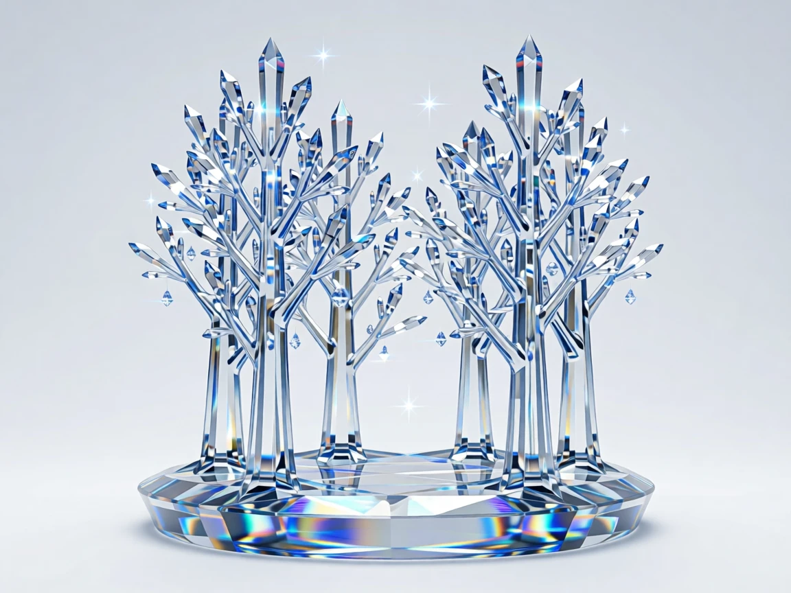 A magical winter forest scene with frost-covered trees glowing under starlight.