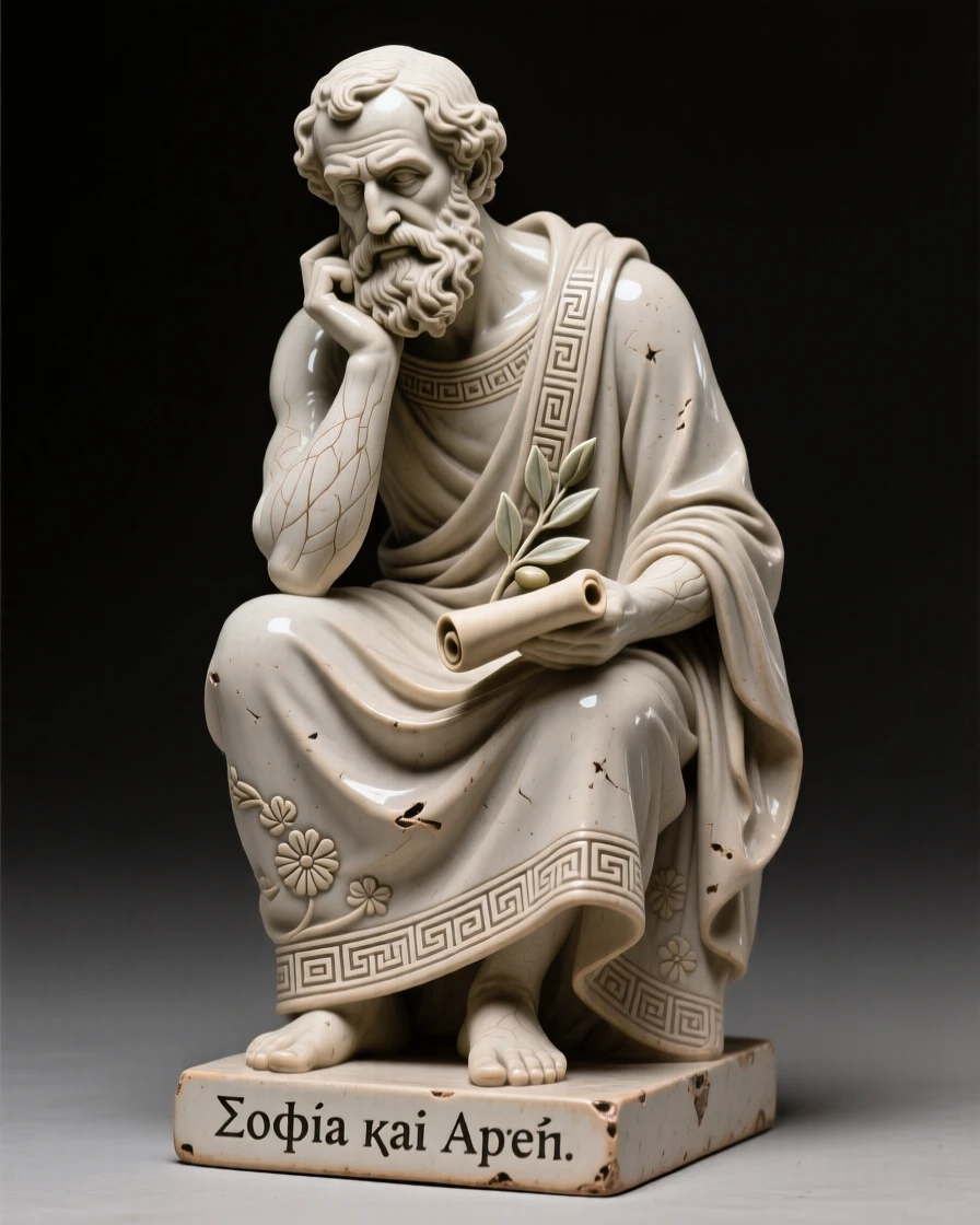 A Greek philosopher deep in thought frozen in a moment of ancient ritual, adorned with intricate traditional patterns, evoking reverence for ancient tradition.