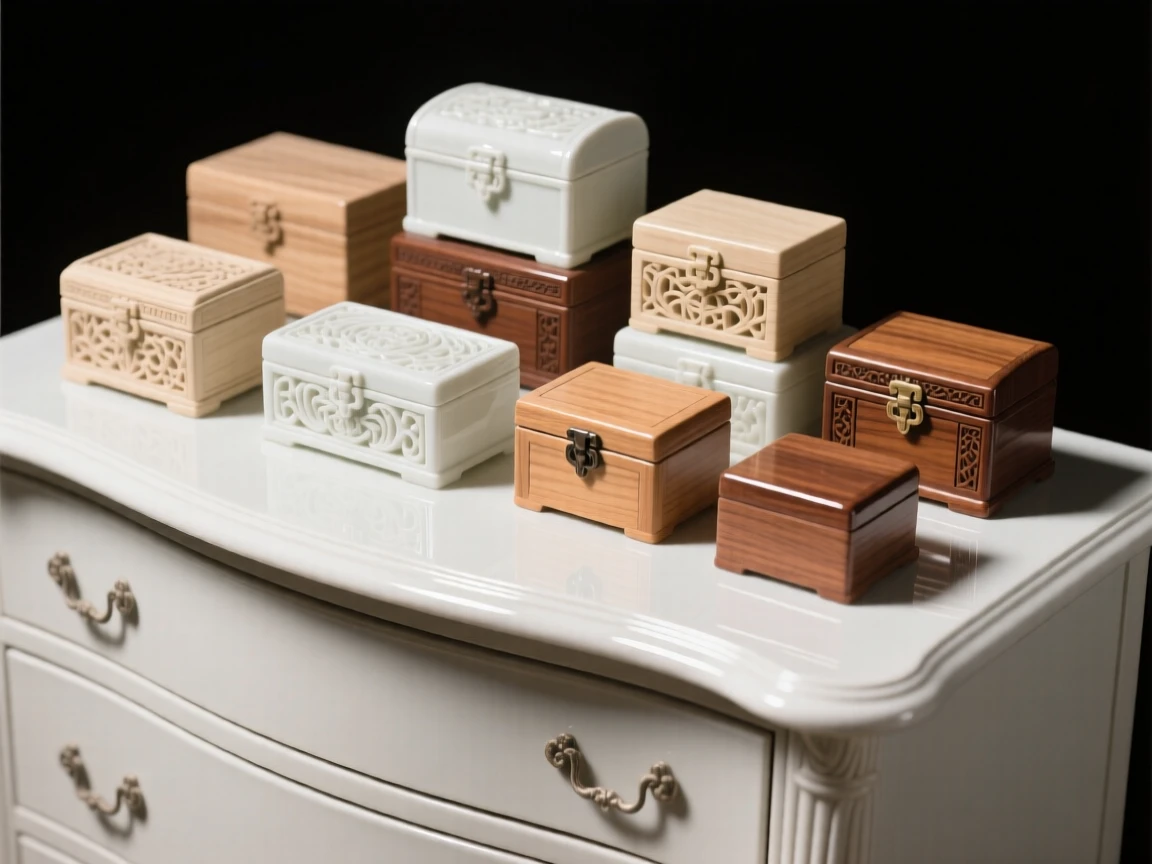 A collection of carved wooden boxes arranged across an antique dresser, each piece catching the light differently.