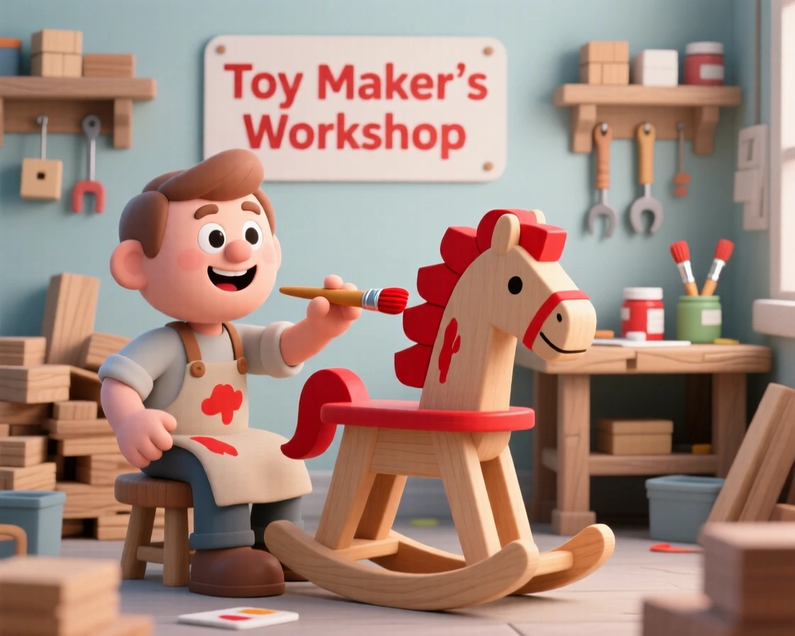 A cheerful toy maker paints a wooden rocking horse's mane bright red inside a cluttered workshop.