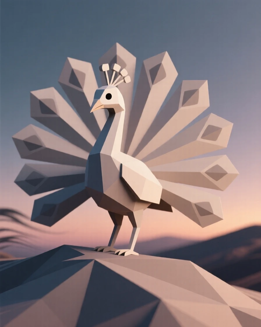 A peacock fanning its iridescent tail feathers, on a windswept ridge at dusk. delicate detail is visible in the fur and eyes. The mood is tender and intimate.