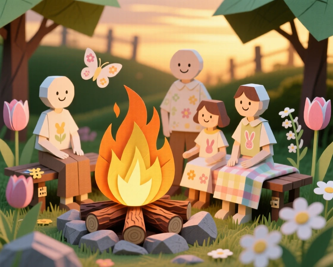A joyful Easter garden scene filled with the golden light of a bonfire, with family gathered warmly together, capturing cherished holiday tradition.