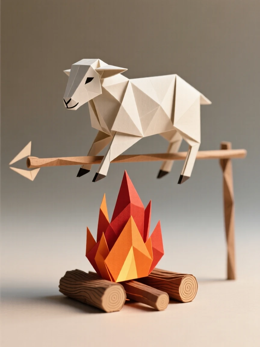 A Greek Easter celebration scene with a lamb roasting on a spit over an open fire.