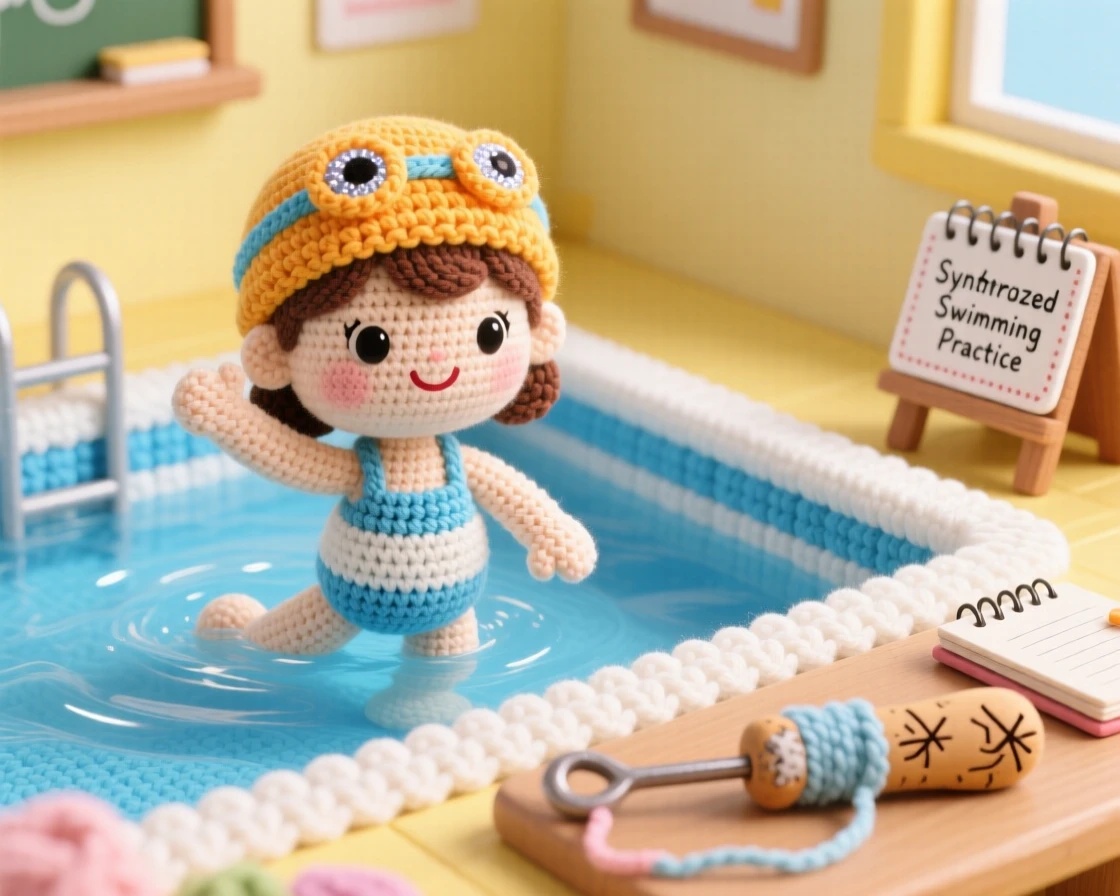 a little girl practicing synchronized swimming moves in a pool, with a bright swim cap, is captured holding a graceful pose in the water in a bright classroom corner set up for a project beside a favorite well-worn tool resting close by, showing joyful discovery and playful learning.