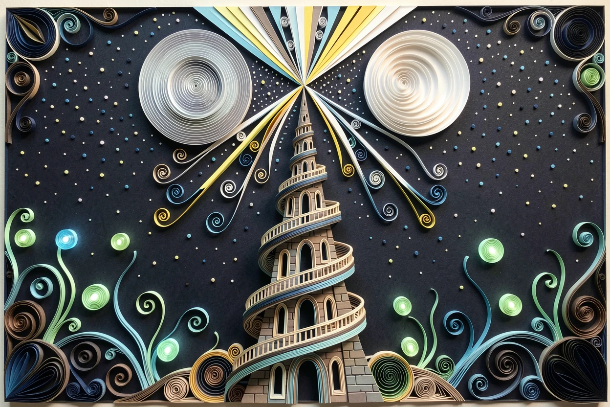 a wizard's tower spiraling up into a starry sky, beneath a sky filled with two glowing moons, centered with radiant light emanating outward, with soft bioluminescent glow illuminating the scene.