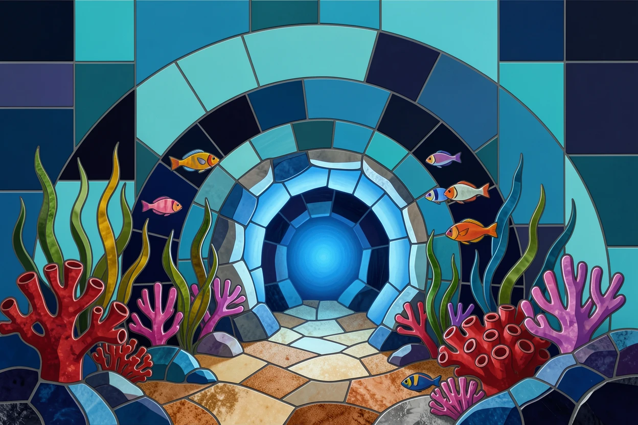 A vivid underwater scene of a hidden underwater cave glowing with soft blue light, rich in color and serene movement.