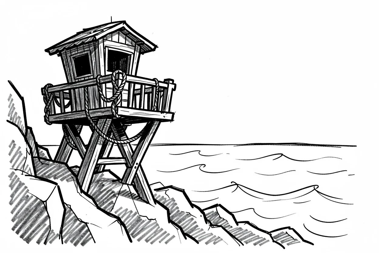 A ship's crow's nest overlooking the open sea on a rocky shoreline at low tide.