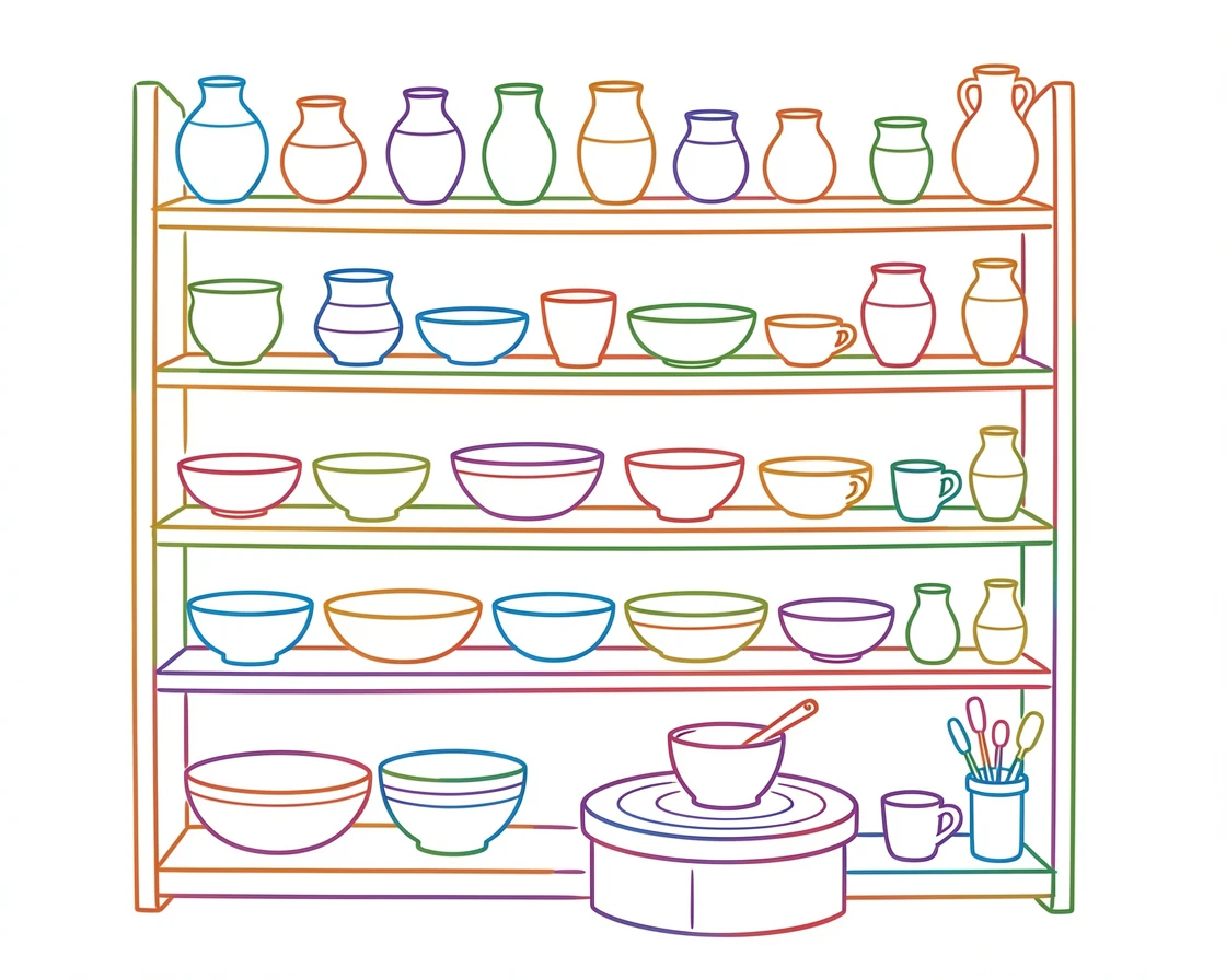 A quiet pottery studio with shelves of finished ceramic pieces.
