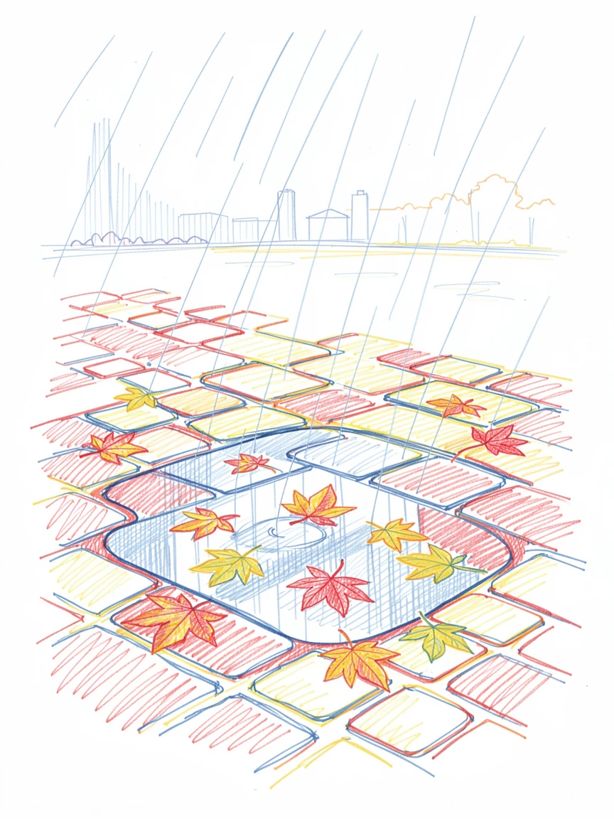 An autumn rainstorm reflecting colorful leaves in puddles on cobblestones