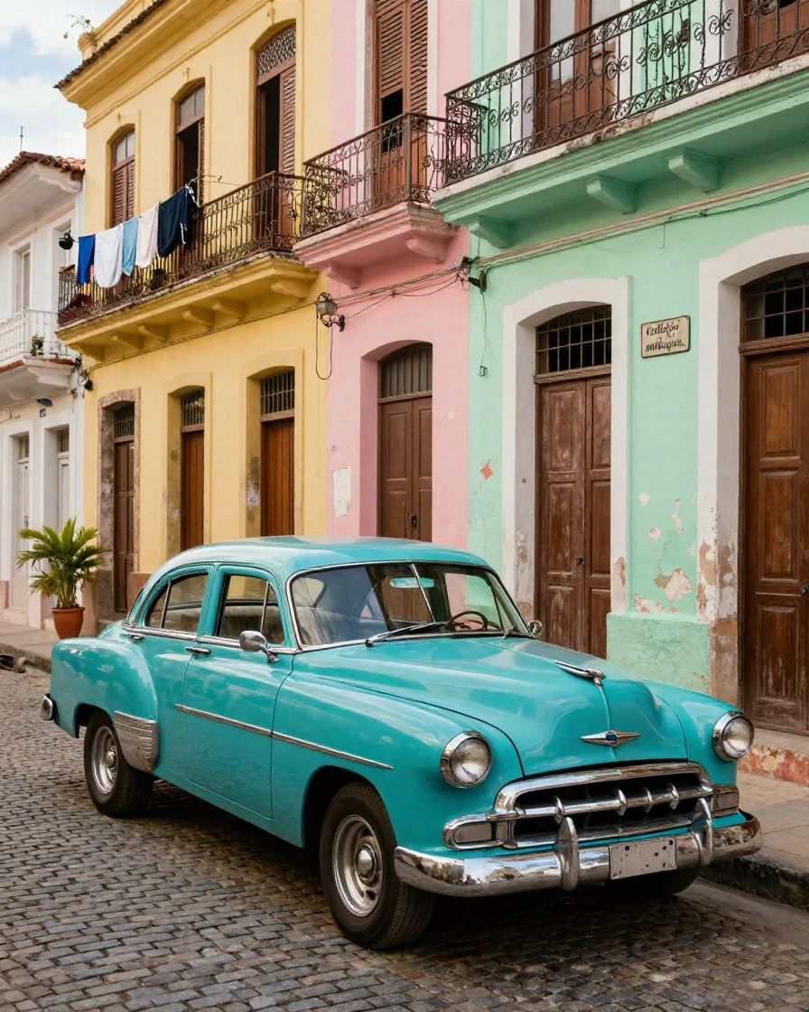 A Cuban vintage car parked along a colorful colonial street