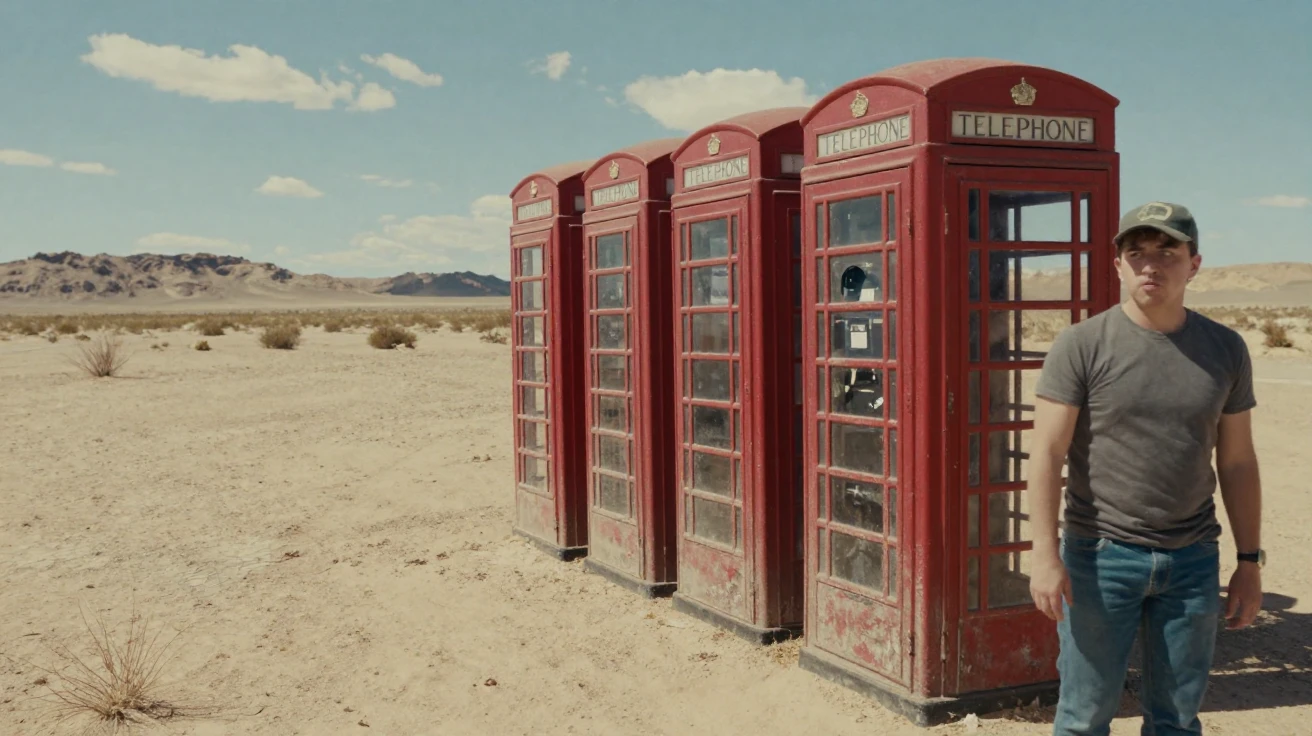 A row of old telephone booths stands unexpectedly in the middle of a desert.