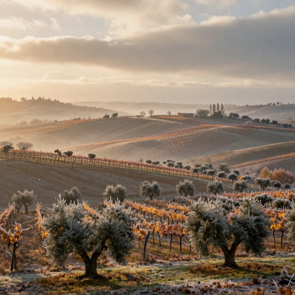 A rolling patchwork of vineyards and olive groves, stretching endlessly as the first snow of winter falls
