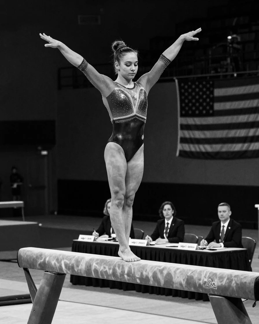 A gymnast balances perfectly on a narrow beam before a panel of judges.
