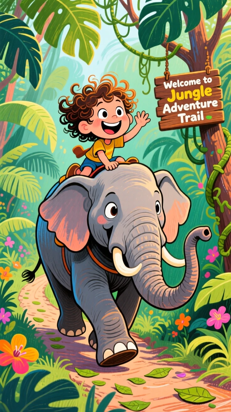 A child riding on an elephant's back through a lush jungle trail.