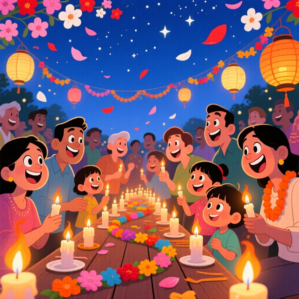 A festive celebration scene of a lively crowd lighting candles together during a quiet evening celebration, as flower petals drift through the air.