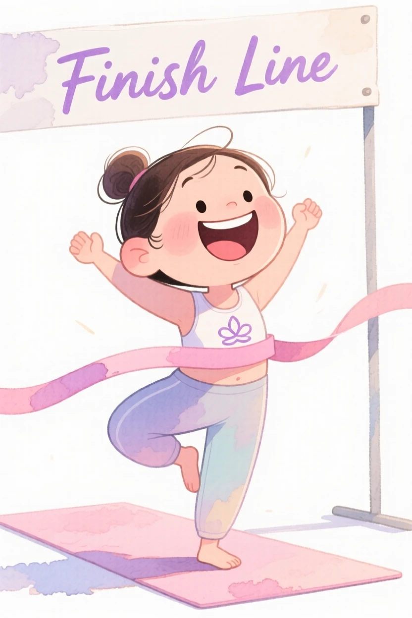 A yoga practitioner crossing the finish line with a joyful smile