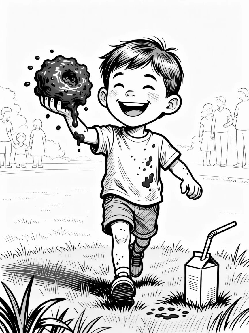 A kid proudly displaying a mud pie masterpiece, marching confidently despite the obvious mistake, set on a lawn during a family gathering. A juice box straw bends at an awkward angle nearby. It's a burst of pure, unfiltered childhood joy.