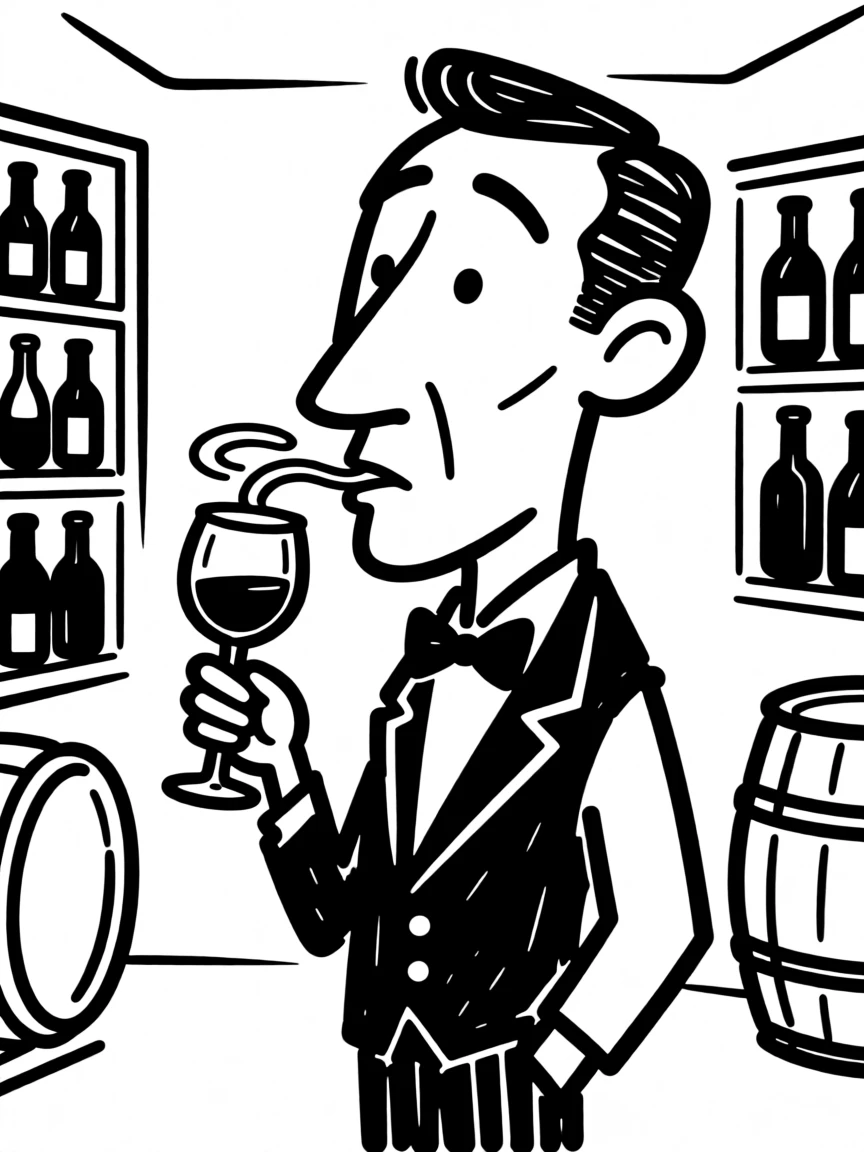 A sommelier swirling a glass of wine thoughtfully in an elegant cellar.