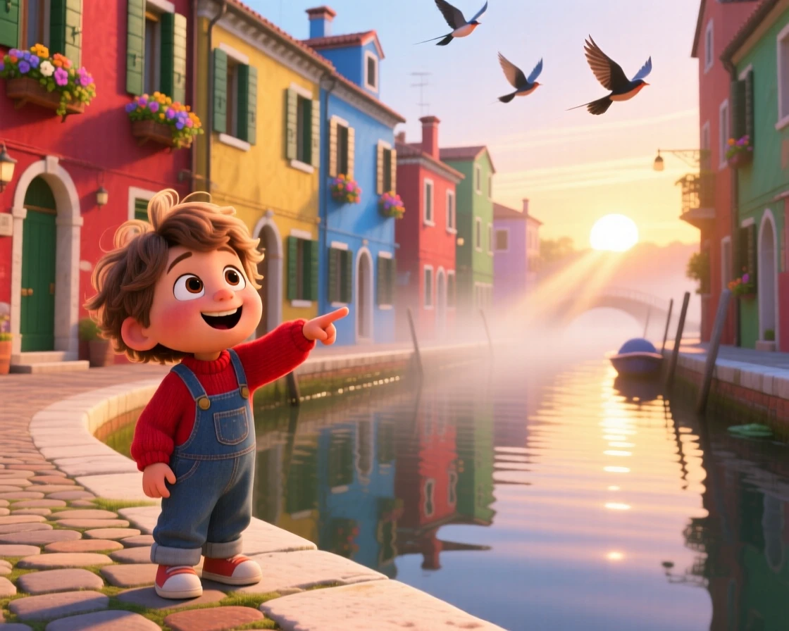 A child pointing excitedly at the view stands standing before a row of colorful canal houses, watching the sun rise over the horizon. A sense of wonder and freedom fills the moment, with distant birds gliding on the breeze.