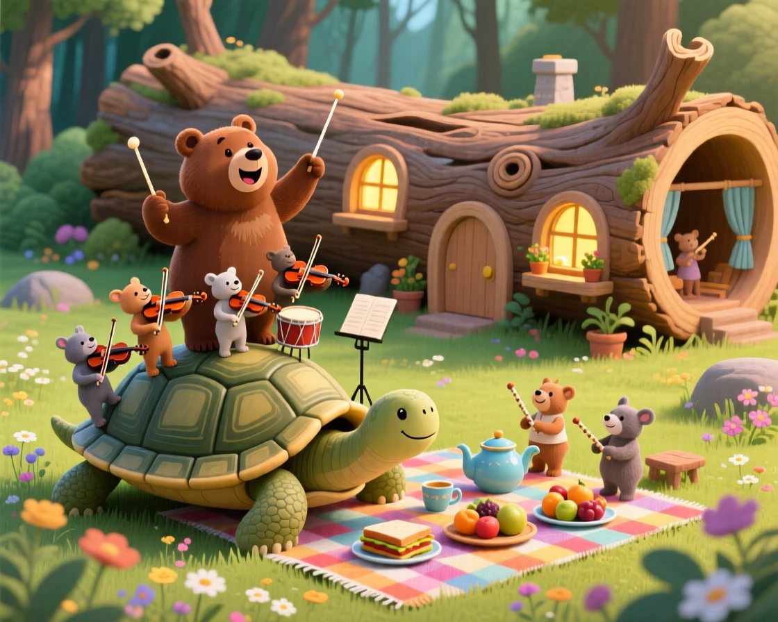 A bear conducting a tiny orchestra delights in hosting a picnic on the back of a giant turtle, tucked within a village built inside a hollowed-out log, while a warm glow radiates from every window.