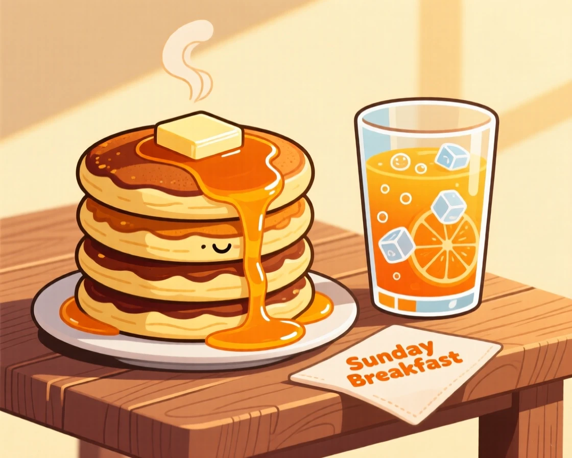A stack of pancakes and a glass of orange juice on a Sunday table.