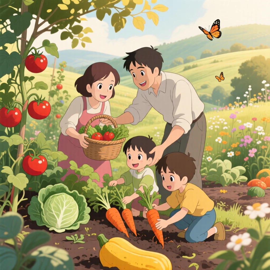 A family harvesting vegetables together in their garden, the scene tender and warm.