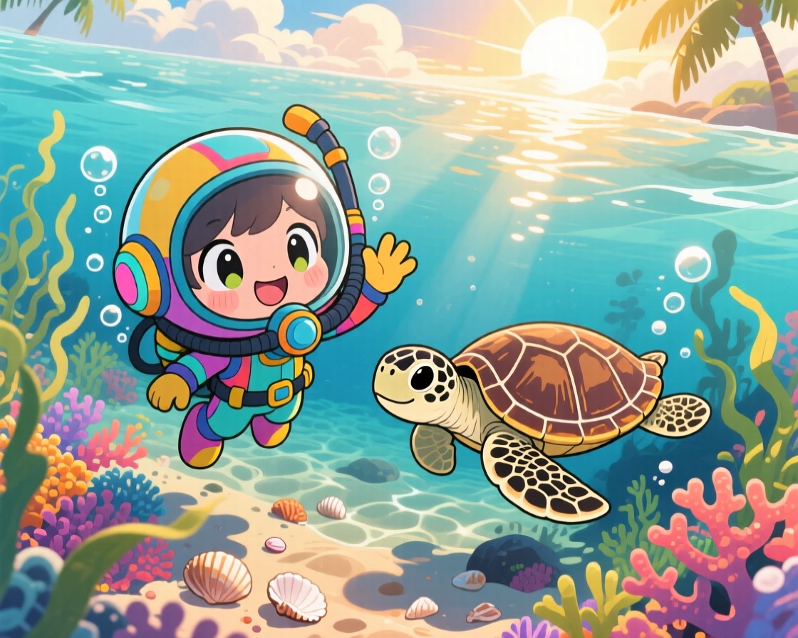 In a sunlit tropical seabed, a small diver is waving at a friendly sea turtle on a warm tropical afternoon, bathed in rays of sunrise breaking through clouds, expression full of eager anticipation. Shot as a high aerial view.